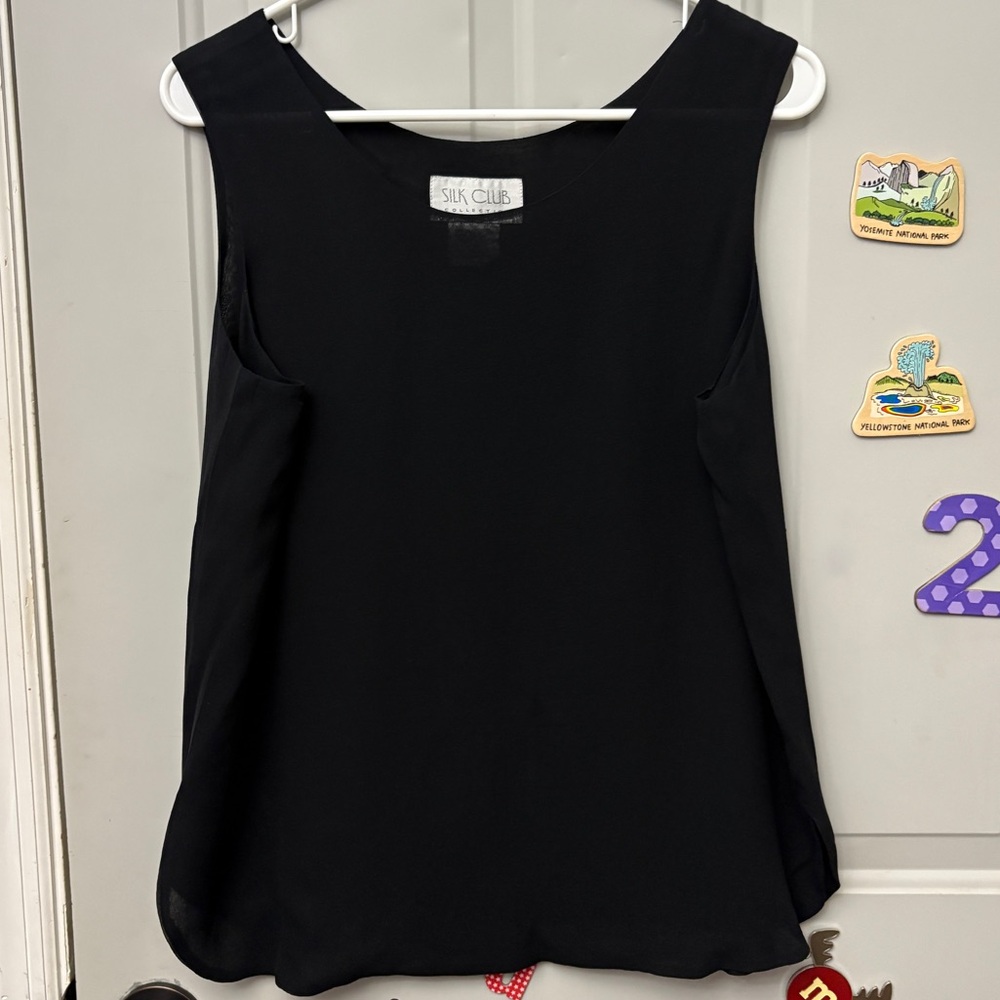 Sleek Black Sheer 100% Silk Sleeveless Blouse